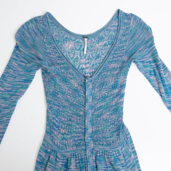 ✨ Free People Blue Galaxy Space Dyed Henley Sweater Midi Dress Pointelle Knit - Picture 4 of 12
